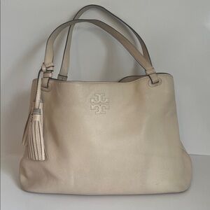 Tory Burch Thea Tassel Tru-Compartment Soft Pink Pebbled Leather Tote Bag